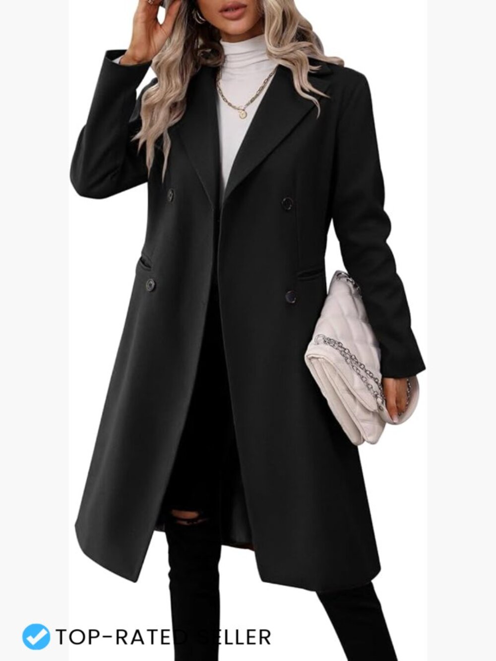 Double Breasted Long Wool Blend Pea Coat Classic Lapel Collar Slim Fit Winter